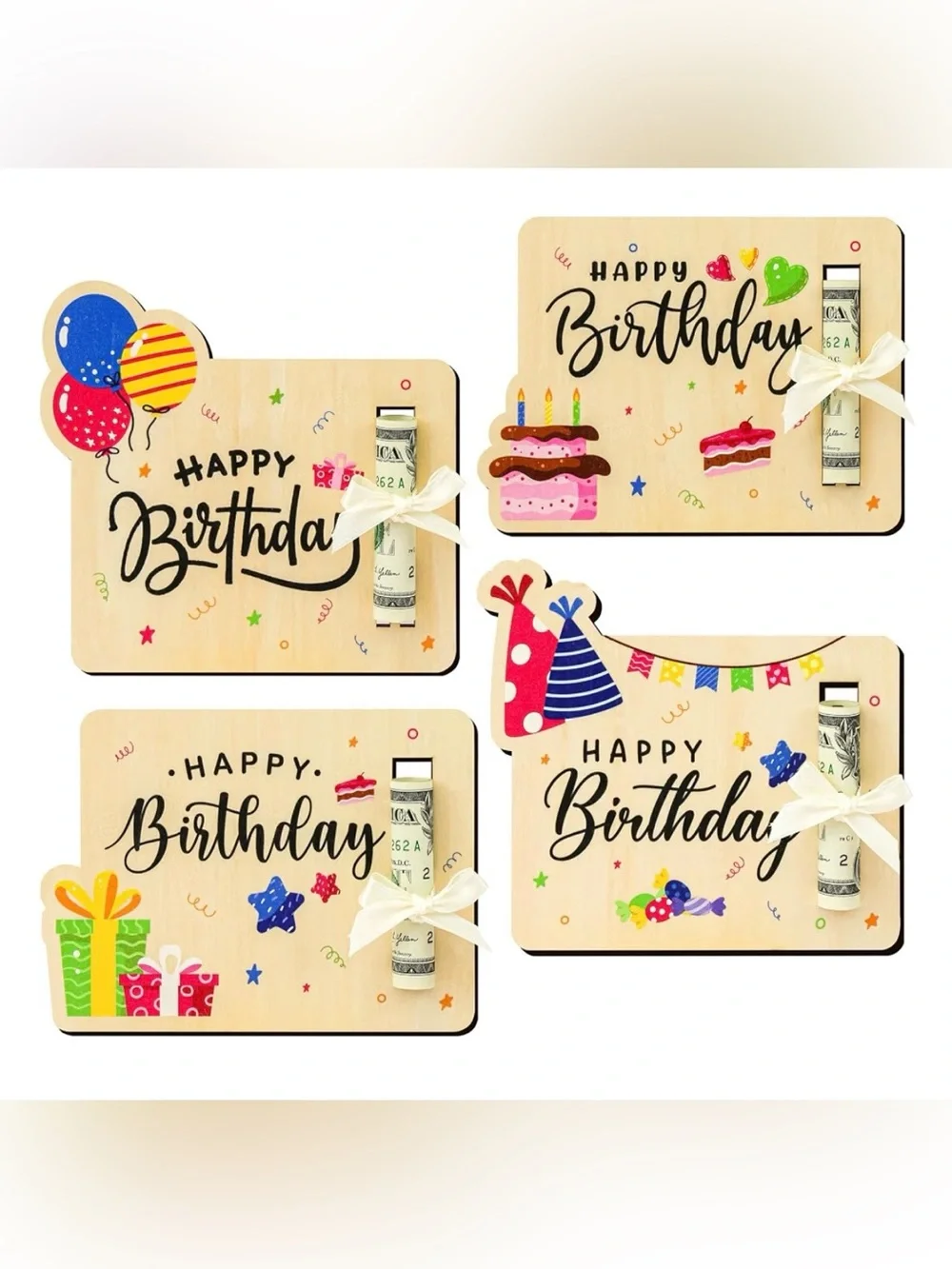 Wooden New Colorful Happy Birthday Money Holder Cards. ( Choose 1 )